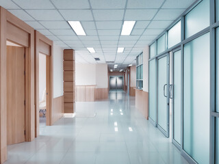 Empty hospital interior corridor, hallway with sterile floor to reduce disease and enhance medical treatment efficiency. Medical facility, clinic or nurse station background for medicinal purpose. - obrazy, fototapety, plakaty