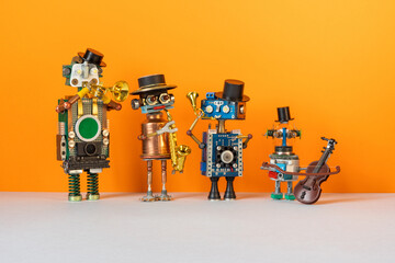 The concept of a poster for a music festival, a concert of classical or jazz music. Toy robots,...