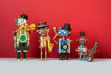 The musical band plays jazz. Toy robots, simplified musical wind instruments on red gray...