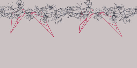 Hand drawn vector ink orchid flowers and branches, monochrome, detailed outline. Horizontal seamless banner. Viva magenta color. Design for wall art, wedding, print, tattoo, cover, card.