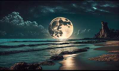 Fantasy tropical sea beach, Full moon with star over seascape in night skies, generative AI - obrazy, fototapety, plakaty