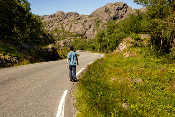 Happy people, enjoying amazing views in South Norway coastline, fjords, lakes, beautiful nature