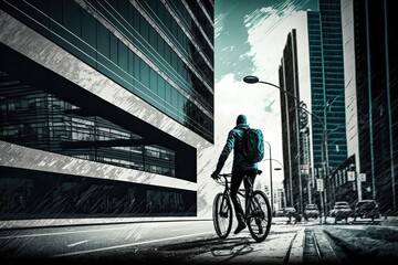 A man cycling through the city. Urban transport, exercise, healthy lifestyle, bike lane, commute, eco-friendly, fitness. High resolution, art, Generative of AI