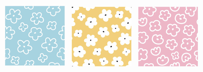Fototapeta na wymiar Spring abstract seamless patterns Doodle flowers Retro flat vector illustration. Cute designs for textile and fabric