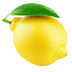 Yellow lemon citrus fruit with leaf isolated on transparent background