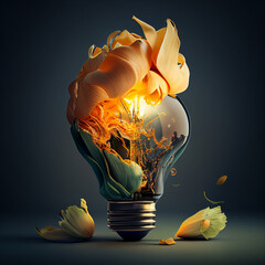 Generative AI illustration of bright idea for business, education, star up growth, light bulbs on dark background, idea concept