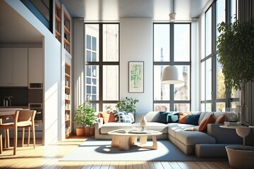 Illustration of modern light apartment with big windows