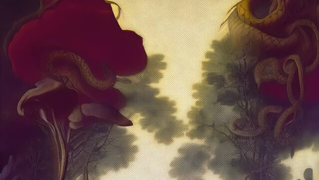Generative ai motion animation of surreal painting of snakes and mushrooms. Digital image painted manipulation impressionism style.