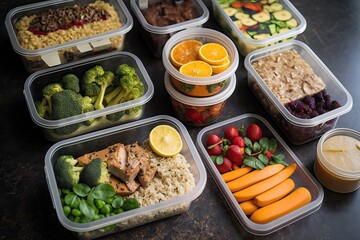 Healthy food served in small containers. Meal prep, portion control, diet, nutrition, fresh, whole foods, healthy eating. Generative of AI