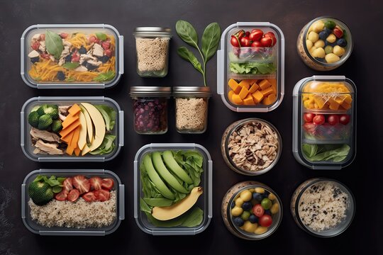 Healthy food served in small containers. Meal prep, portion control, diet, nutrition, fresh, whole foods, healthy eating. Generative of AI