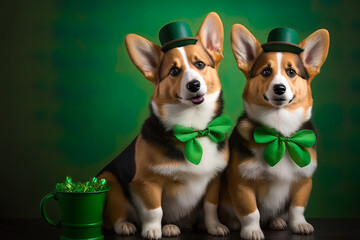 Cute dogs with green hat and costume celebrating Saint Patrick's Day on vibrant gradient background. Realistic photograph Saint Patrick day card with adorable corgis. Generative AI