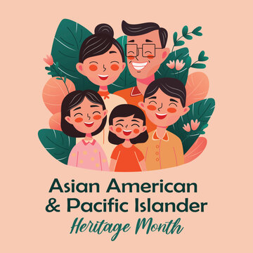 Asian American, Pacific Islanders Heritage Month - Celebration In USA. Cute Vector Banner With Happy Family Portrait. Greeting Card, Banner AAPI