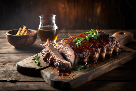 Illustration of delicious grilled and smoked ribs with barbecue sauce on wooden board. Generative AI