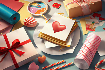 Fototapeta premium Stacks of illustrated postcards and Valentine's Day gift boxes in the center of the table.