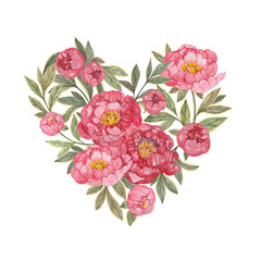 Floral composition with watercolor peonies in the shape of a heart. Print for postcards, valentines, greetings.
