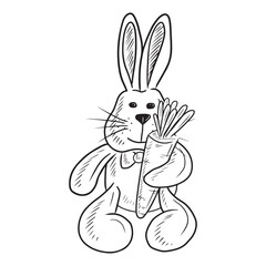 Realistic toy rabbit holding fresh carrot with tie bow on white background. Hand drawn vector sketch illustration in simple doodle outline vintage engraved style. Happy Easter, gift, bouquet.