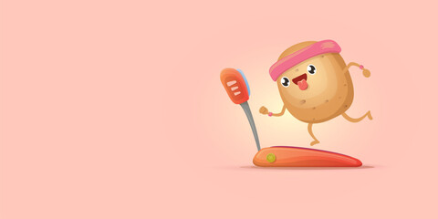 Cartoon funky potato character running or jogging isolated on pink horizontal banner background. Cute sporty vegetable character making cardio sport exercise. Fitness cardio concept