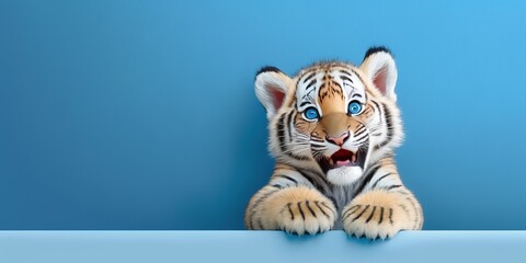 cute adorable tiger cub smiling on blue background and copy space generative ai