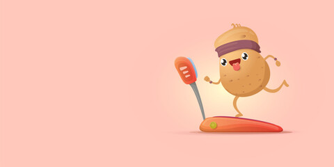 Cartoon funky potato character running or jogging isolated on pink horizontal banner background. Cute sporty vegetable character making cardio sport exercise. Fitness cardio concept