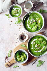 Tasty broccoli soup. Top view. Healthy food.