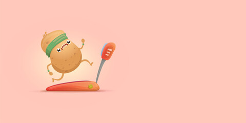 Cartoon funky potato character running or jogging isolated on pink horizontal banner background. Cute sporty vegetable character making cardio sport exercise. Fitness cardio concept