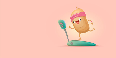 Cartoon funky potato character running or jogging isolated on pink horizontal banner background. Cute sporty vegetable character making cardio sport exercise. Fitness cardio concept