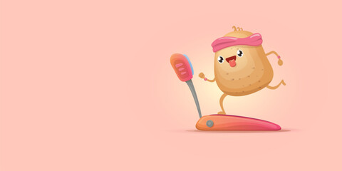 Cartoon funky potato character running or jogging isolated on pink horizontal banner background. Cute sporty vegetable character making cardio sport exercise. Fitness cardio concept