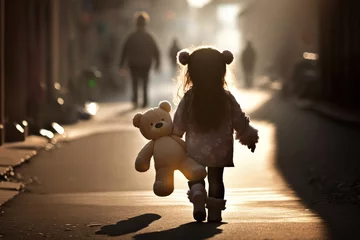 Foto op Canvas Mädchen mit einem Teddy alleine auf der Straße einer Stadt © mikey