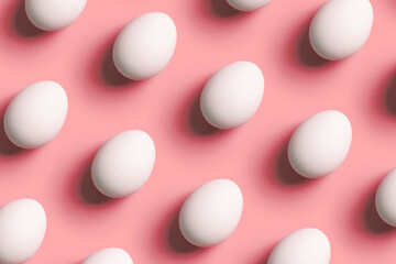 Creative composition with pattern from white eggs on red background