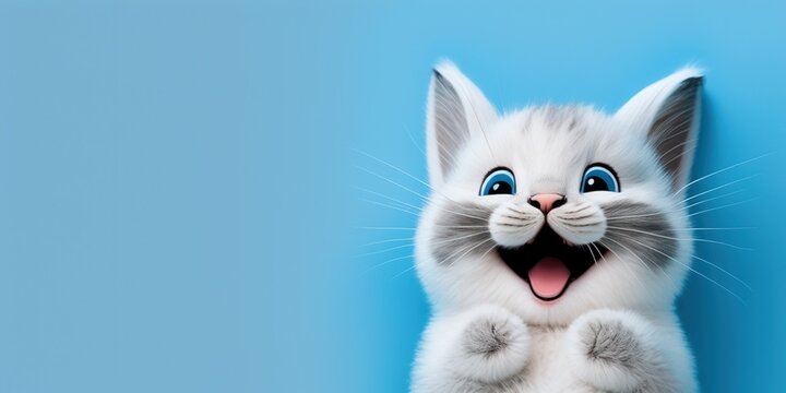 adorable cute cat smiling and isolated on blue background with copy space generative ai
