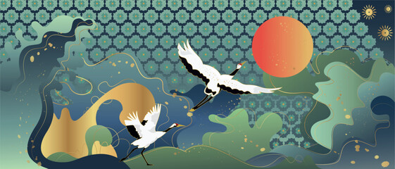  Vector poster with a Japanese theme. Line art style. Abstract art background vector. Japanese cranes.