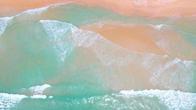 Top view sea wave water foamy splashing shore tropical island paradise Hawaii. Landscape view water waste shoreline summer.	