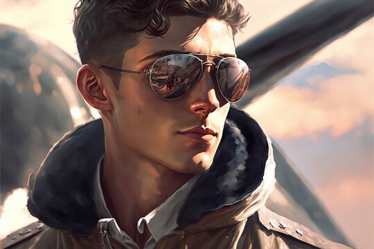 Wondrous closeup portrait of male pilot with reflective sunglasses against a summer sky cloudscape, plane flying background, concept of aviation and travel by Generative AI.
