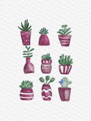 Cute watercolored botanical illustration, nine succulents in the pots