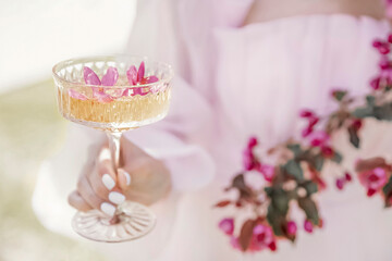 Champagne glass with pink petals of apple blossoms and a flowering branch on the background. A romantic unusual drink to celebrate.