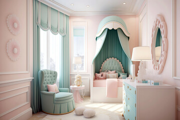 Child room, girl bedroom interior, pastel pink color, Bed and toys, Generative AI