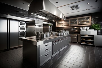 Professional modern kitchen in a restaurant. Generative AI Technology