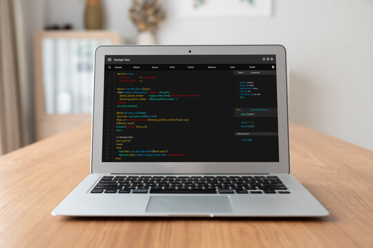 Software development programming on computer screen for modish application and program coding