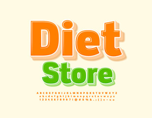 Vector bright Banner Diet Store.  Orange 3D Font. Creative Alphabet Letters and Numbers