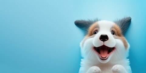 Fototapeta na wymiar cute adorable dog smiling and isolated on blue background with copy space generative ai