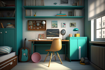 Kid bedroom interior, child room, Bed and student desk, toys and study, Generative AI