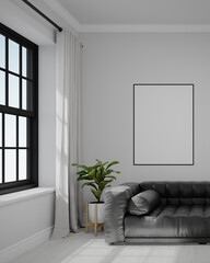 White wall with empty picture frame and sofa. 3d rendering of interior living room background.