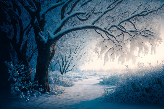A spectacular winter image of completely frozen branches, offering a wonderful and refreshing atmosphere. A magical glimpse of nature asleep in the cold. Generative AI