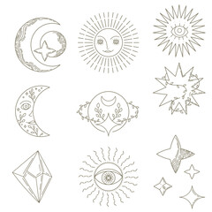 Celestial objects, sun, moon, stars. Line drawing. Isolated objects. Tarot symbols. golden lines. Space set for divination.