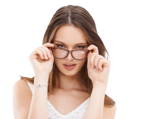 An ophthalmology female woman or model with a facial expression on optical eyeglasses and health of eyecare isolated on a PNG background
