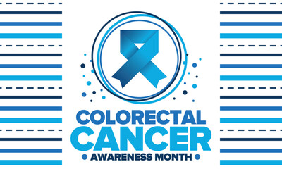 Colorectal Cancer Awareness Month. Celebrate annual in March. Control and protection. Prevention campaign. Medical health care concept. Poster with blue ribbon. Banner, background. Vector illustration