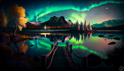 Fototapeta na wymiar Aurora boreali lake bridge