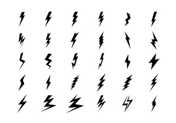 Set of 30 Lightning flat icons. Thunderbolts icons isolated on white background. Vector illustration