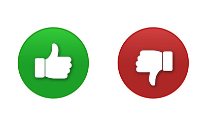 Like and dislike icons, thumbs up and down buttons isolated on green and red background. Social media icons design. Vector illustration