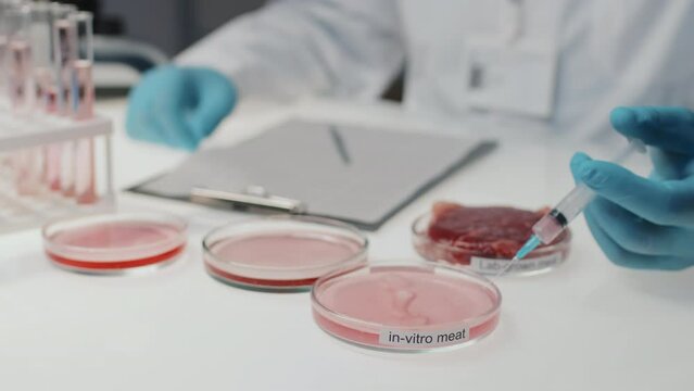 Close-up of gloved microbiologist injecting plant-based serum in in-vitro meat sample in petri dish while sitting by workplace in clinical laboratory